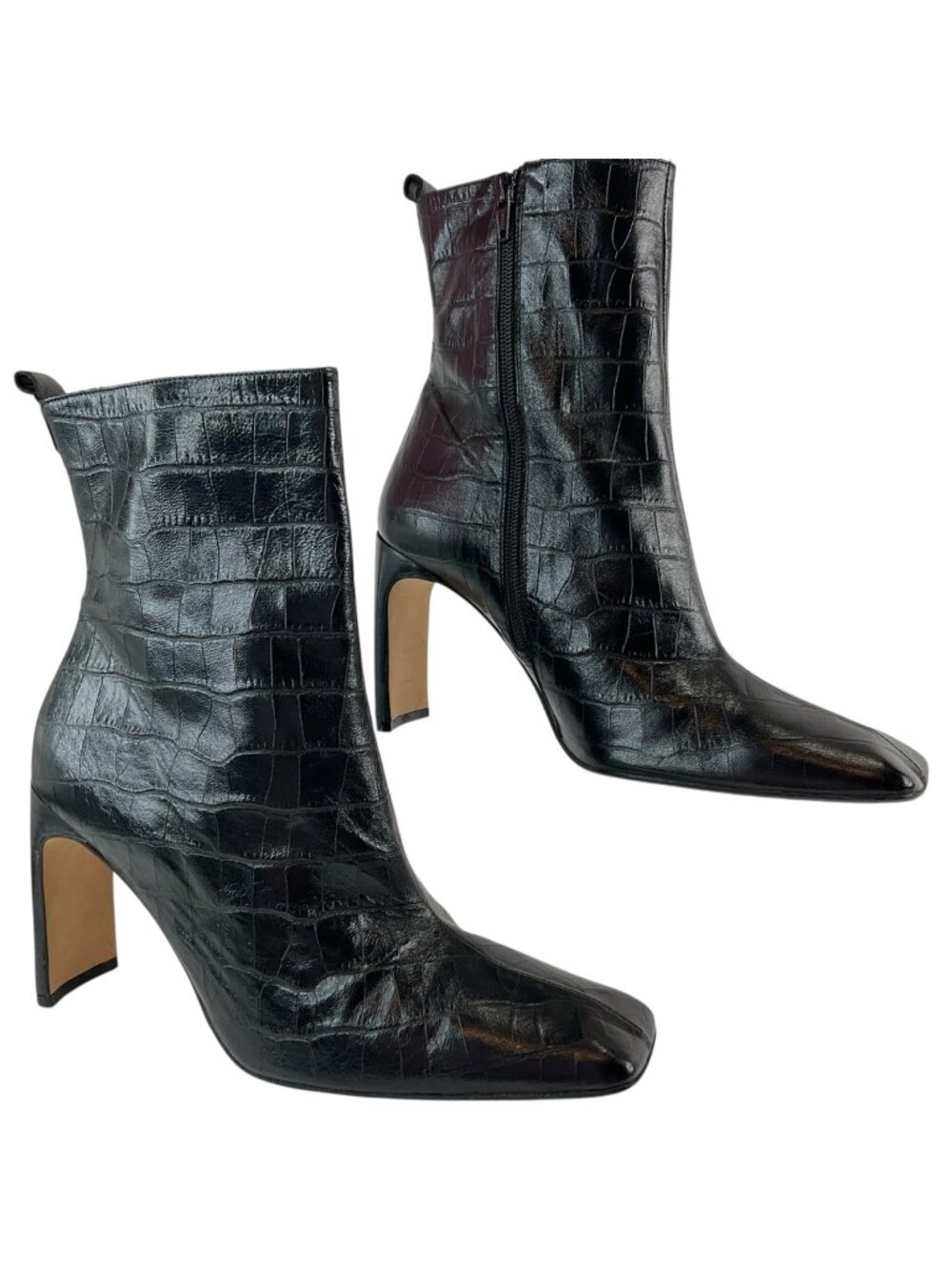 Miista Marcelle Boots Sz 39 Black Embossed Croc Square Toe Leather Nwob $435